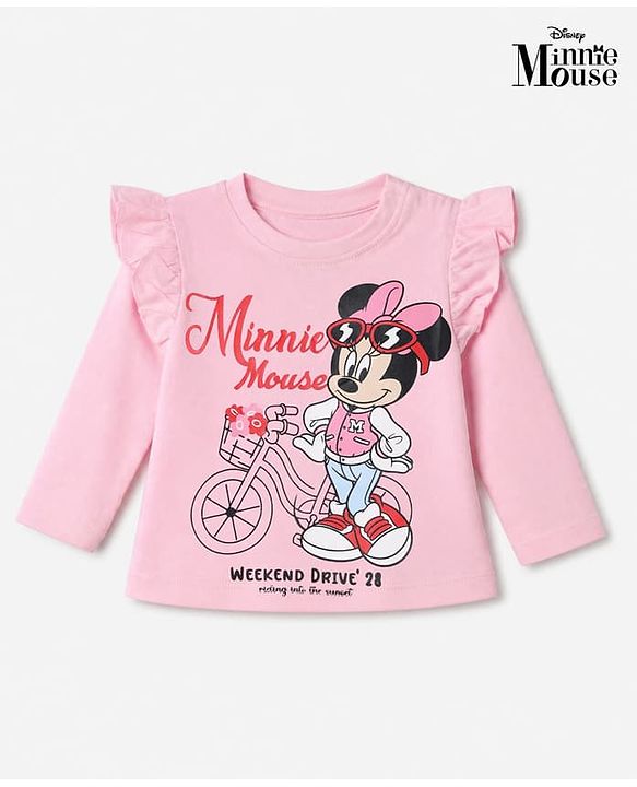 Babyhug Disney 100% Cotton Knit Full Sleeves T-Shirt with Frill Sleeves and Minnie Mouse Print - Light Pink