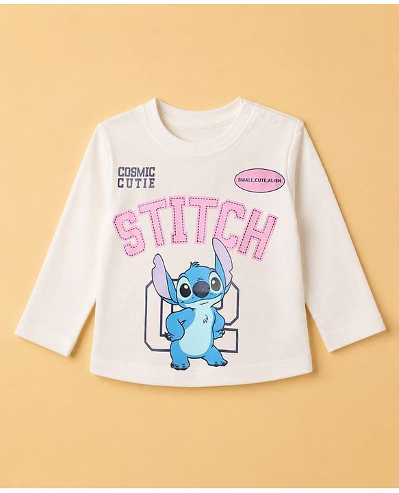 Babyhug Disney 100% Cotton Single Jersey Knit T-Shirts with Full Sleeves and Stitch Print in White