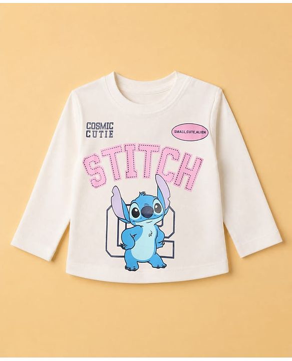 Babyhug Disney 100% Cotton Single Jersey Knit T-Shirts with Full Sleeves and Stitch Print in White