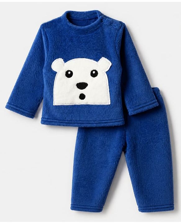 Babyhug Cotton Mixes Velour Full Sleeves T-Shirt & Pajama Night Suit with Polar Bear Patch - Navy Blue