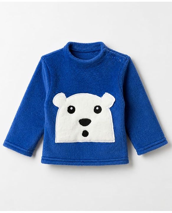 Babyhug Cotton Mixes Velour Full Sleeves T-Shirt & Pajama Night Suit with Polar Bear Patch - Navy Blue