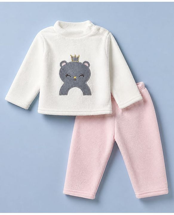 Babyhug Cotton Mixes Velour Full Sleeves T-Shirt & Pajama Night Suit with Kitten Patch - White