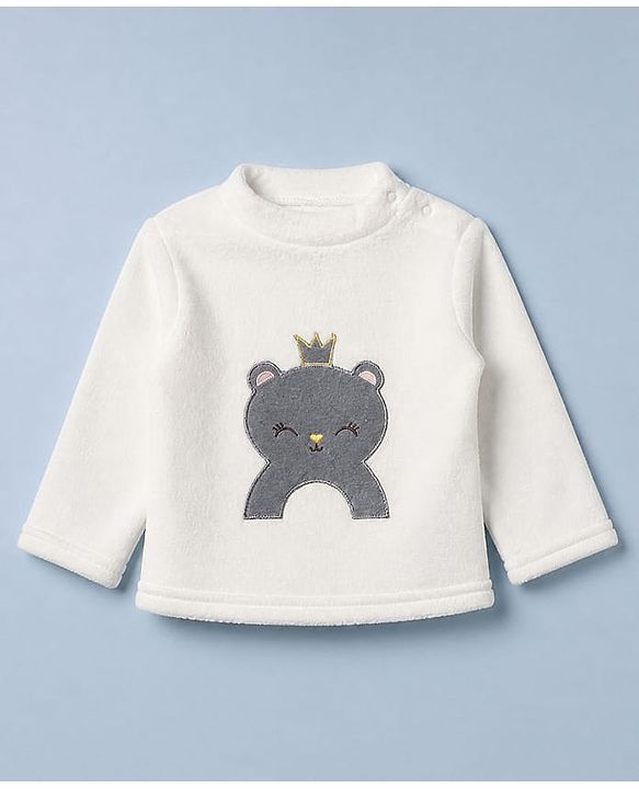 Babyhug Cotton Mixes Velour Full Sleeves T-Shirt & Pajama Night Suit with Kitten Patch - White