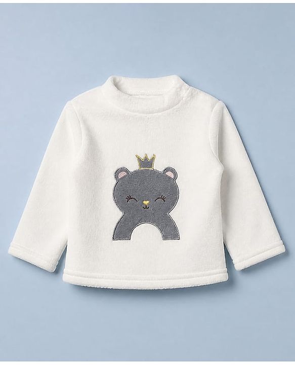 Babyhug Cotton Mixes Velour Full Sleeves T-Shirt & Pajama Night Suit with Kitten Patch - White