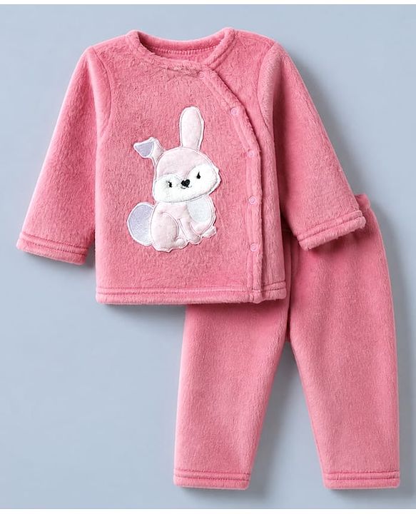 Babyhug Cotton Mixes Knit Full Sleeves Front Open T-Shirt & Pajama Night Suit with Bunny Patch - Pink