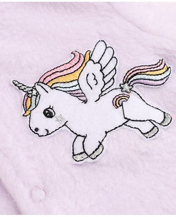 Babyhug Cotton Mixes Knit Full Sleeves Front Open Winter Night Suit with Unicorn Patch - Lilac