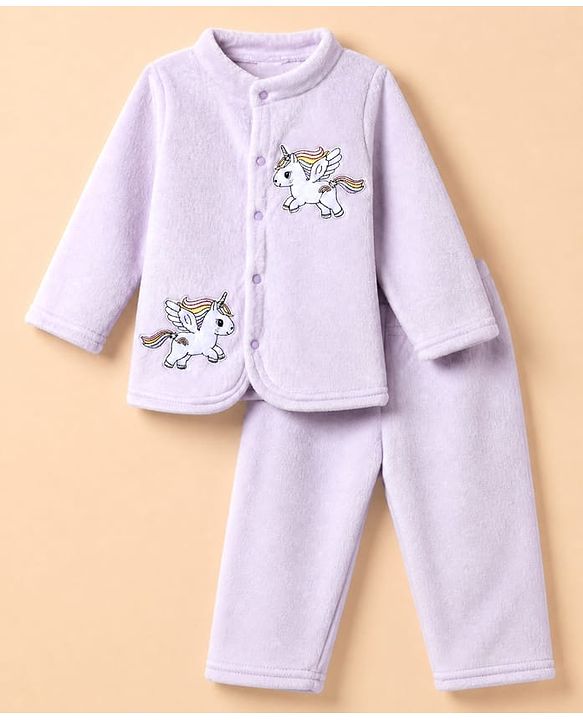 Babyhug Cotton Mixes Knit Full Sleeves Front Open Winter Night Suit with Unicorn Patch - Lilac