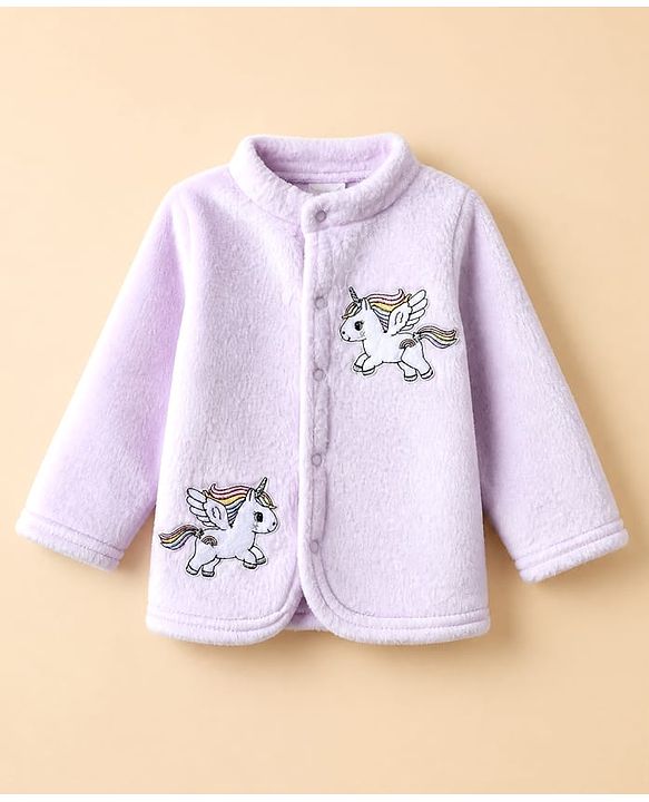 Babyhug Cotton Mixes Knit Full Sleeves Front Open Winter Night Suit with Unicorn Patch - Lilac