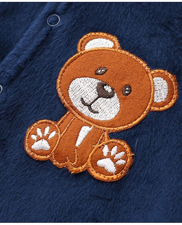 Babyhug Cotton Mixes Velour Knit Full Sleeves Front Open T-Shirt & Pajama Winter Night Suit with Teddy Bear Patch - Navy Blue