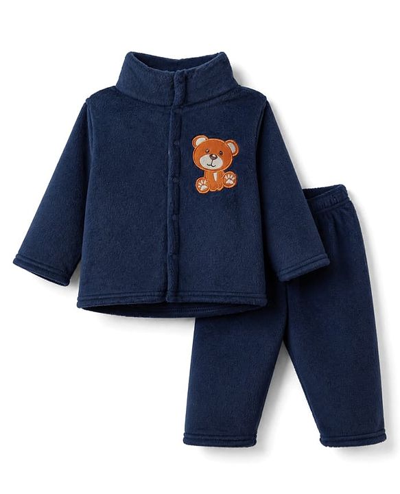 Babyhug Cotton Mixes Velour Knit Full Sleeves Front Open T-Shirt & Pajama Winter Night Suit with Teddy Bear Patch - Navy Blue