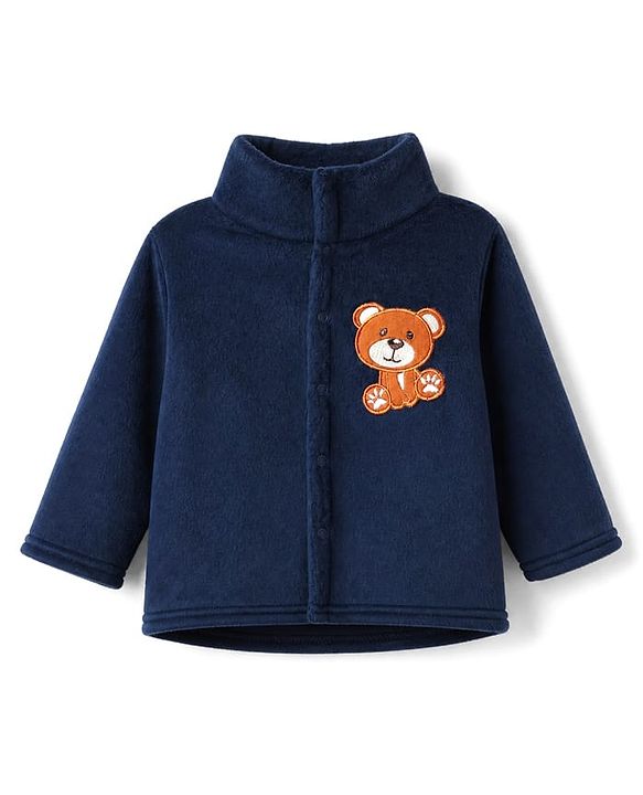 Babyhug Cotton Mixes Velour Knit Full Sleeves Front Open T-Shirt & Pajama Winter Night Suit with Teddy Bear Patch - Navy Blue