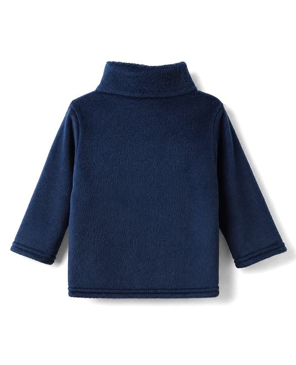 Babyhug Cotton Mixes Velour Knit Full Sleeves Front Open T-Shirt & Pajama Winter Night Suit with Teddy Bear Patch - Navy Blue