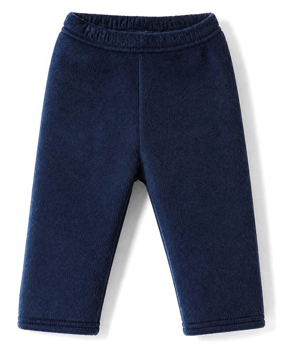 Babyhug Cotton Mixes Velour Knit Full Sleeves Front Open T-Shirt & Pajama Winter Night Suit with Teddy Bear Patch - Navy Blue
