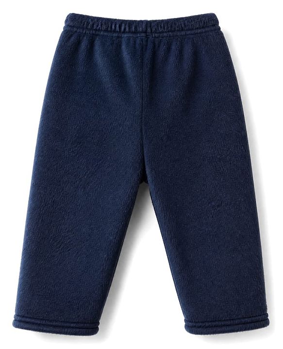 Babyhug Cotton Mixes Velour Knit Full Sleeves Front Open T-Shirt & Pajama Winter Night Suit with Teddy Bear Patch - Navy Blue