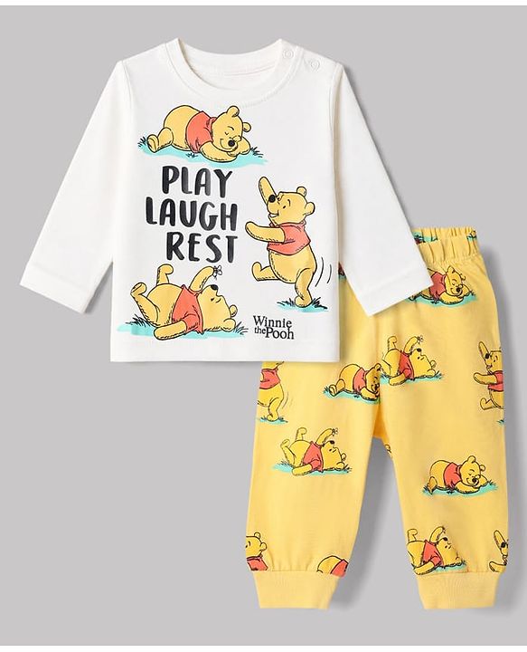 Babyhug Disney 100% Cotton Single Jersey Knit Full Sleeves T-Shirt & Pajama Night Suit with Winnie the Pooh Graphic Print - White & Yellow