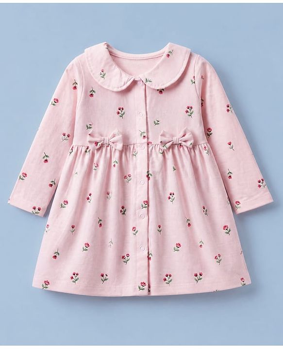 Babyhug Cotton Interlock Knit Front Open Full Sleeves Frock and Bloomer with Floral Print and Bow Applique - Pink
