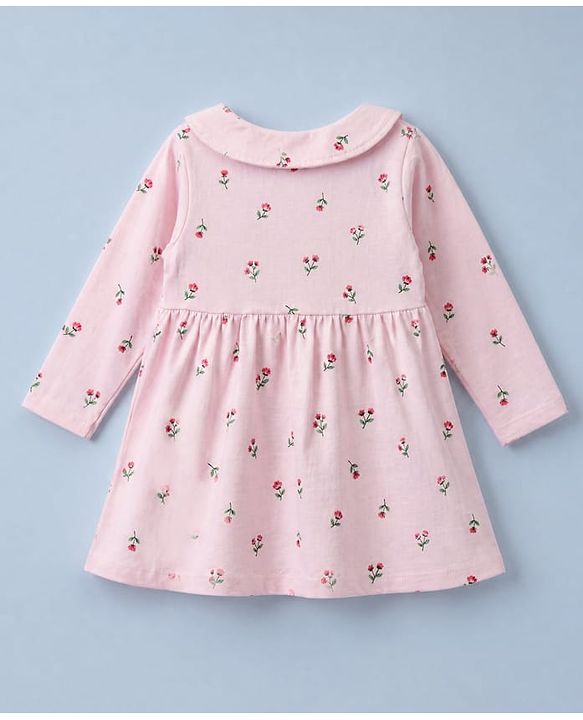 Babyhug Cotton Interlock Knit Front Open Full Sleeves Frock and Bloomer with Floral Print and Bow Applique - Pink