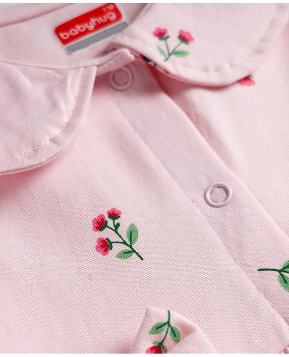 Babyhug Cotton Interlock Knit Front Open Full Sleeves Frock and Bloomer with Floral Print and Bow Applique - Pink