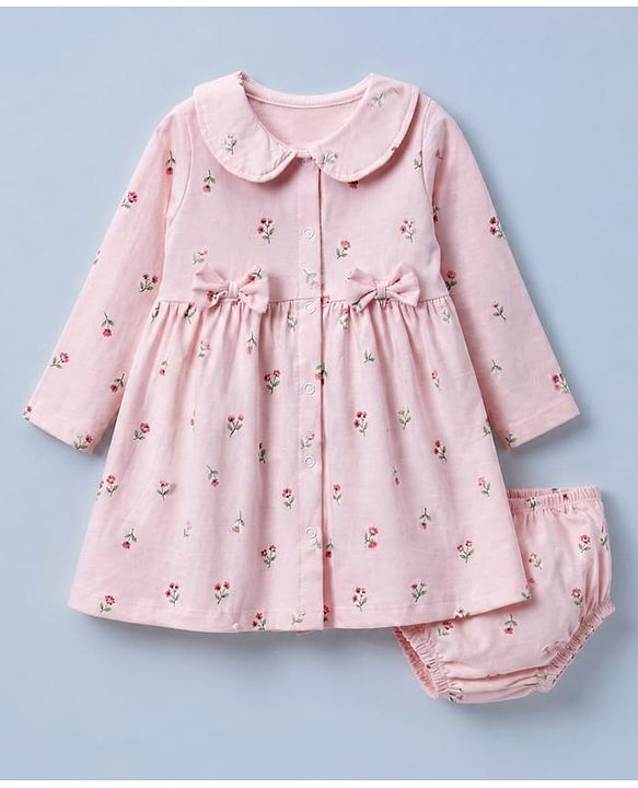 Babyhug Cotton Interlock Knit Front Open Full Sleeves Frock and Bloomer with Floral Print and Bow Applique - Pink