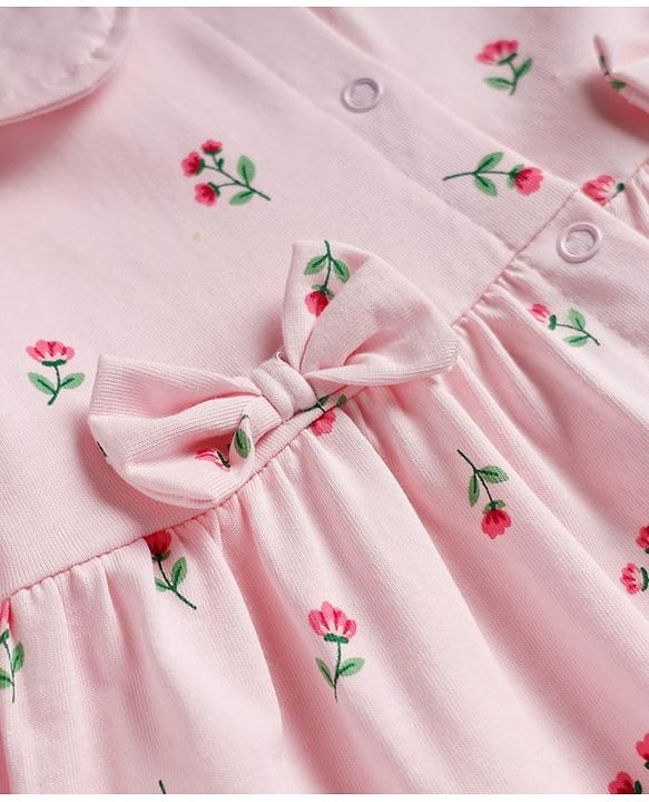 Babyhug Cotton Interlock Knit Front Open Full Sleeves Frock and Bloomer with Floral Print and Bow Applique - Pink