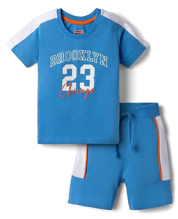 Babyhug Single Jersey Knit Half Sleeves T-Shirt & Shorts Set Brooklyn Print - Blue