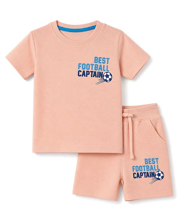 Babyhug 100% Cotton Knit Half Sleeves Best Football Captain Printed Co-Ords T-Shirt & Shorts Set - Peach