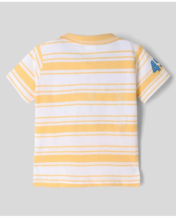 Babyhug Single Jersey Knit Denim Half Sleeves Striped T-Shirt & Shorts With Boat Print - Yellow & Navy Blue
