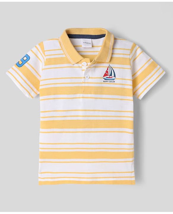 Babyhug Single Jersey Knit Denim Half Sleeves Striped T-Shirt & Shorts With Boat Print - Yellow & Navy Blue