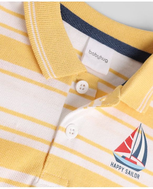 Babyhug Single Jersey Knit Denim Half Sleeves Striped T-Shirt & Shorts With Boat Print - Yellow & Navy Blue
