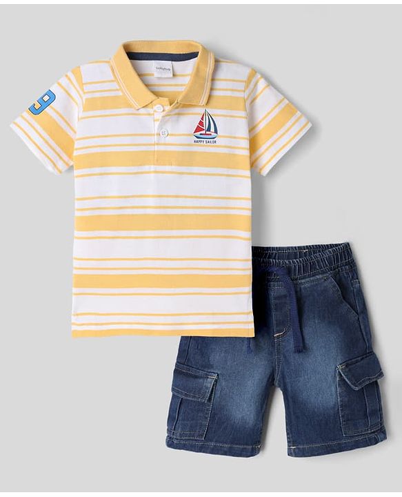 Babyhug Single Jersey Knit Denim Half Sleeves Striped T-Shirt & Shorts With Boat Print - Yellow & Navy Blue