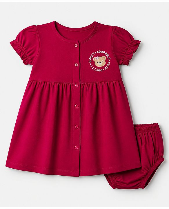 Babyhug Cotton Single Jersey Knit Frock and Bloomer with Half Sleeves and Bear Print in Red