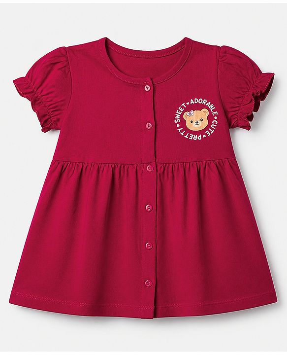 Babyhug Cotton Single Jersey Knit Frock and Bloomer with Half Sleeves and Bear Print in Red