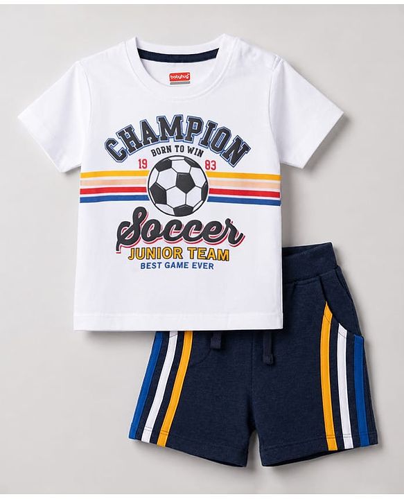 Babyhug 100% Cotton Knit Half Sleeves Text Printed T-Shirt & Shorts Set - White & Navy Blue