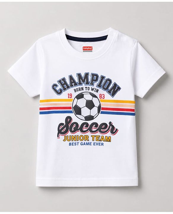 Babyhug 100% Cotton Knit Half Sleeves Text Printed T-Shirt & Shorts Set - White & Navy Blue