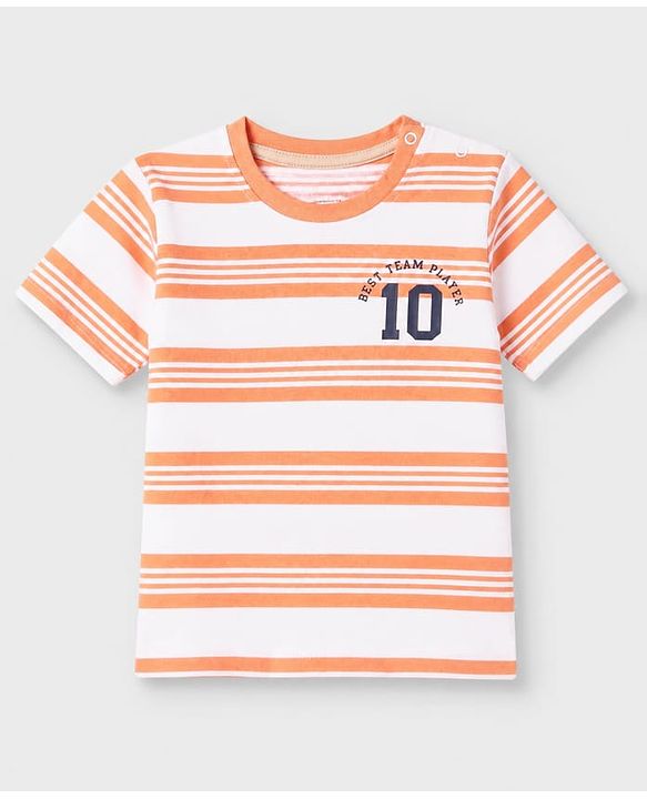Babyhug 100% Cotton Knit Half Sleeves T-Shirt and Shorts with Stripes and Team Player Print - Orange