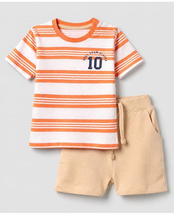 Babyhug 100% Cotton Knit Half Sleeves T-Shirt and Shorts with Stripes and Team Player Print - Orange