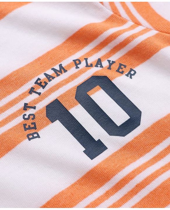 Babyhug 100% Cotton Knit Half Sleeves T-Shirt and Shorts with Stripes and Team Player Print - Orange
