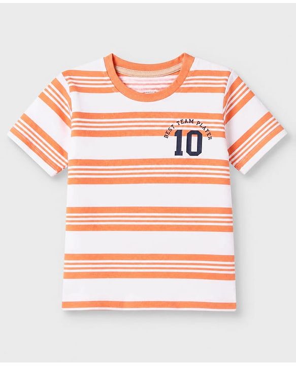 Babyhug 100% Cotton Knit Half Sleeves T-Shirt and Shorts with Stripes and Team Player Print - Orange