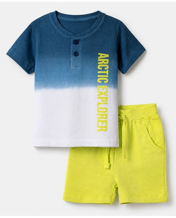 Babyhug 100% Cotton Single Jersey Knit Half Sleeves T-Shirt and Shorts Set With Text Print - Blue & Yellow