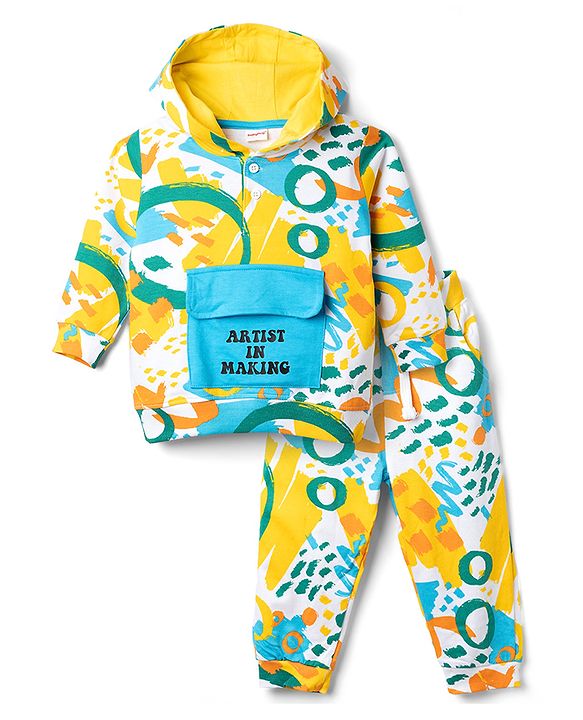 Babyhug 100% Cotton Terry Knit Full Sleeves Hooded T-Shirt & Jogger Set Abstract Print - Yellow Blue