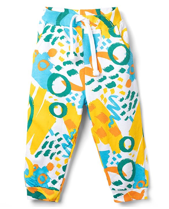 Babyhug 100% Cotton Terry Knit Full Sleeves Hooded T-Shirt & Jogger Set Abstract Print - Yellow Blue