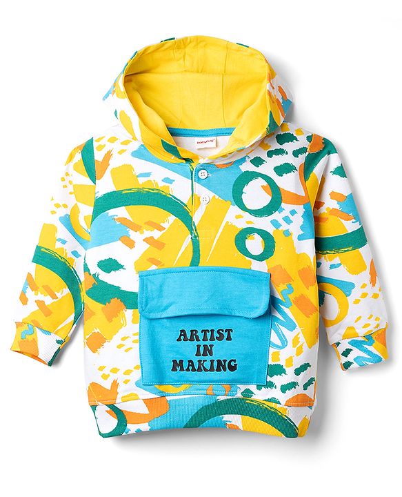 Babyhug 100% Cotton Terry Knit Full Sleeves Hooded T-Shirt & Jogger Set Abstract Print - Yellow Blue