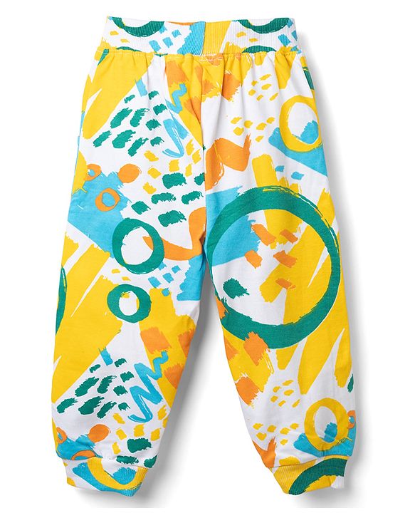 Babyhug 100% Cotton Terry Knit Full Sleeves Hooded T-Shirt & Jogger Set Abstract Print - Yellow Blue