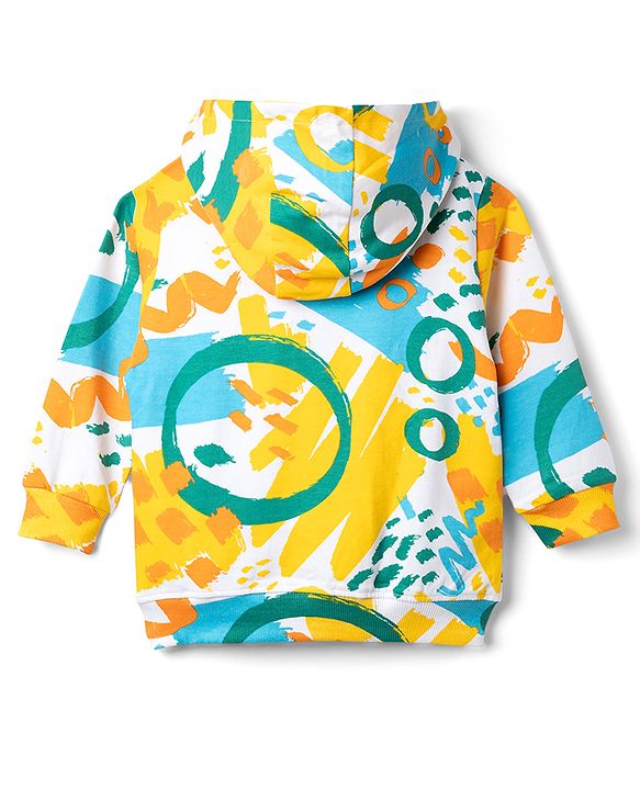 Babyhug 100% Cotton Terry Knit Full Sleeves Hooded T-Shirt & Jogger Set Abstract Print - Yellow Blue