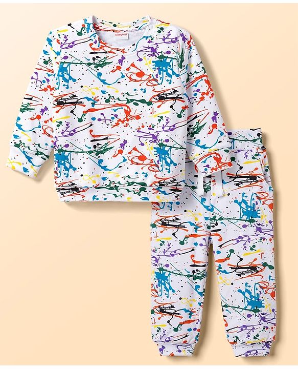Babyhug 100% Cotton Terry Knit Full Sleeves Co-Ords Abstract Printed T-Shirt & Pant Set - White