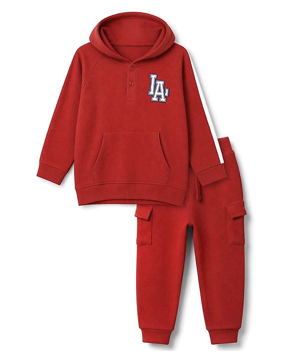 Babyhug 100% Cotton Terry Knit Full Sleeves Hooded T-Shirt & Joggers Set With Varsity Print - Maroon