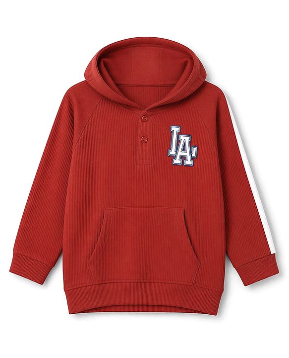 Babyhug 100% Cotton Terry Knit Full Sleeves Hooded T-Shirt & Joggers Set With Varsity Print - Maroon