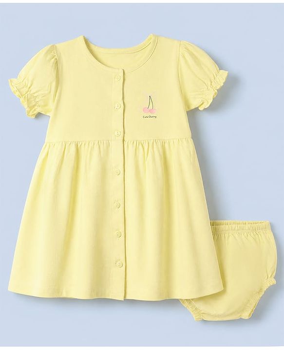 Babyhug Premium Cotton Knit Half Sleeves Frock and Bloomer with Cherry Print in Yellow for 0-3 Months