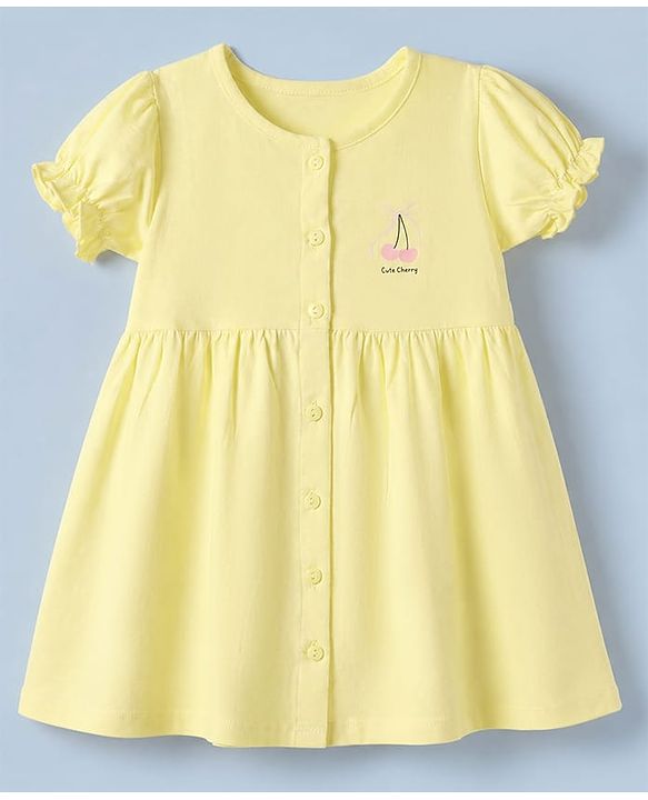 Babyhug Premium Cotton Knit Half Sleeves Frock and Bloomer with Cherry Print in Yellow for 0-3 Months