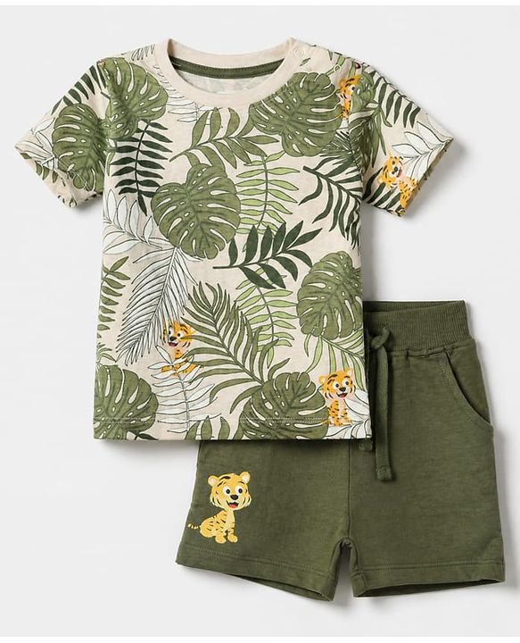 Babyhug 100% Cotton Single Jersey Knit Half Sleeves T-Shirt and Short with Jungle Safari Tiger Print - Olive Green